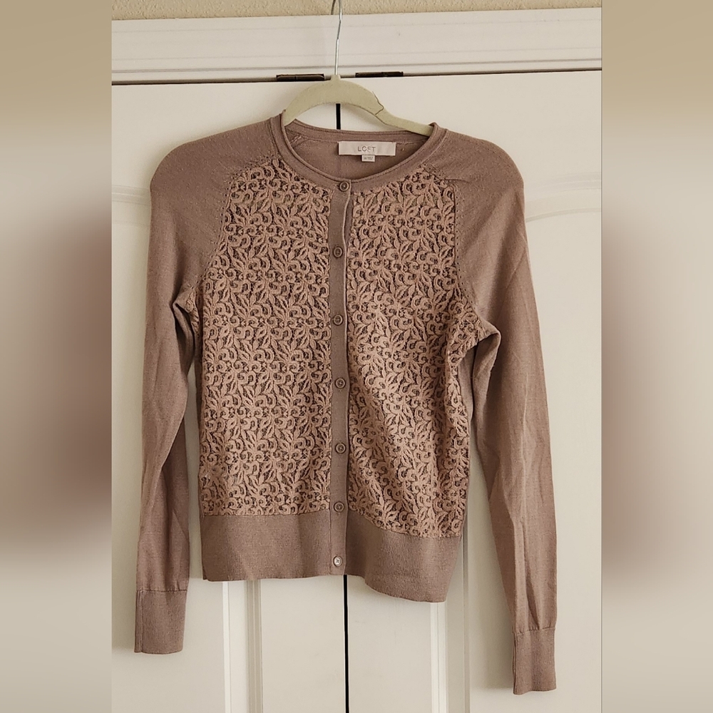 Ann Taylor LOFT Lace Front Tan Wool Blend Cardigan, Size XS
